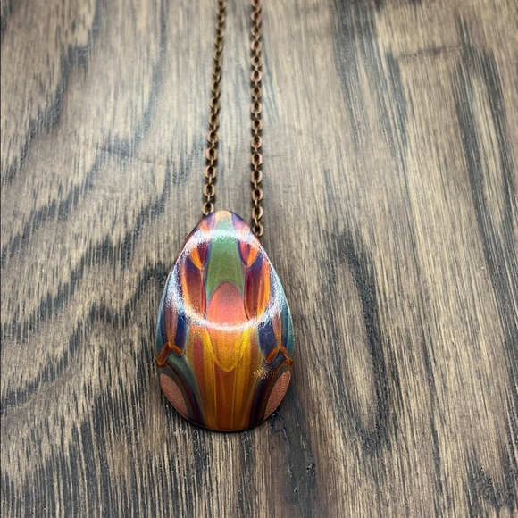 Copper Painted  Teardrop Pendant Necklace Artisan Made One of a kind Colorful - Picture 2 of 15